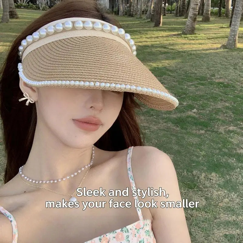 Women's Wide Brim Pearl Straw Sun Hat – Elegant Beach Cap