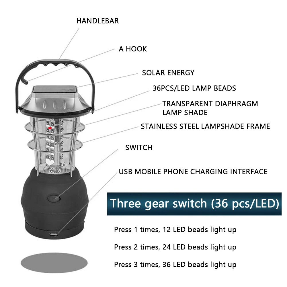 Solar Camping Lamp Waterproof Portable Emergency Crank Lamp With 3 Brightness Modes For Power Outages,Emergency Lamp for Outdoor Peaceful Pleasures Health and Wellness