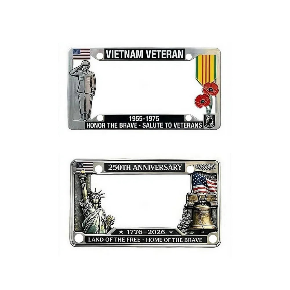 250th Anniversary Commemorative License Plate Frame High-quality Vietnam Veteran Salute Mental License Plate Decorative Frame Peaceful Pleasures Health and Wellness Set