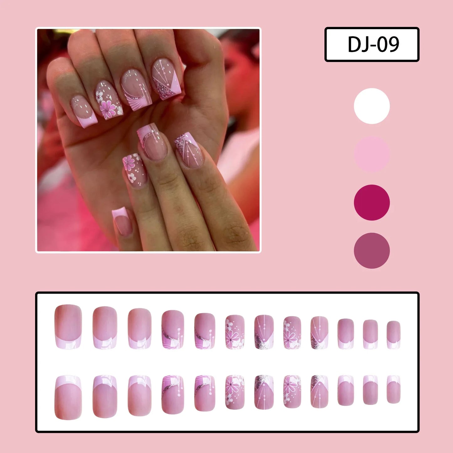24pcs French Pink Flower Short Coffin Press On Nails | Nude Pink