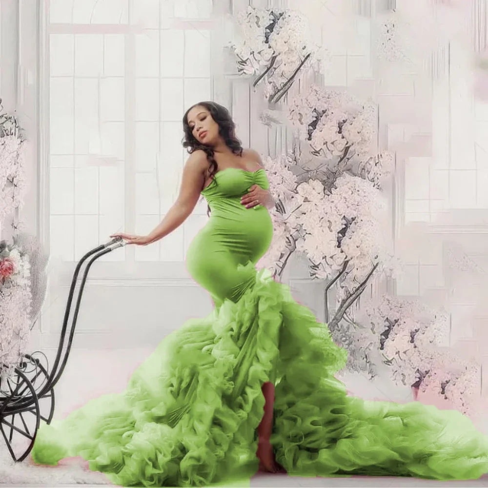 Luxury Mermaid Maternity Dress photoshoot Tulle Ruffles Front Split baby shower dresses for pregnant woman فساتين حوامل Peaceful Pleasures Health and Wellness