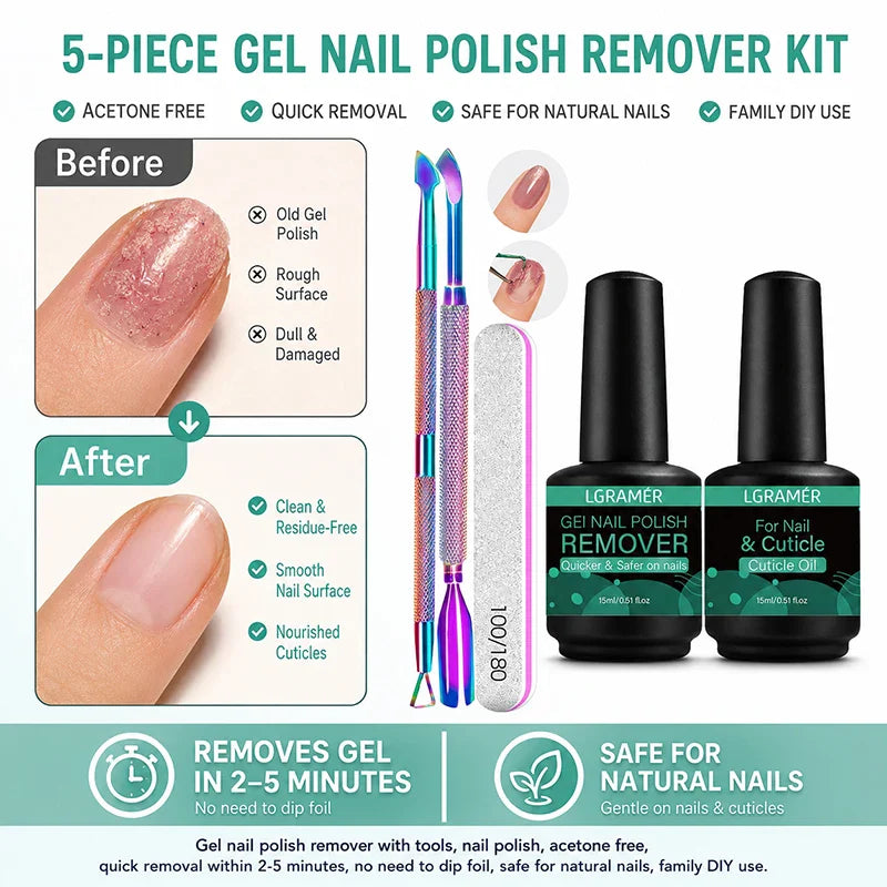 Gel Nail Polish Remover & Cuticle Care Set – 5-Piece DIY Kit