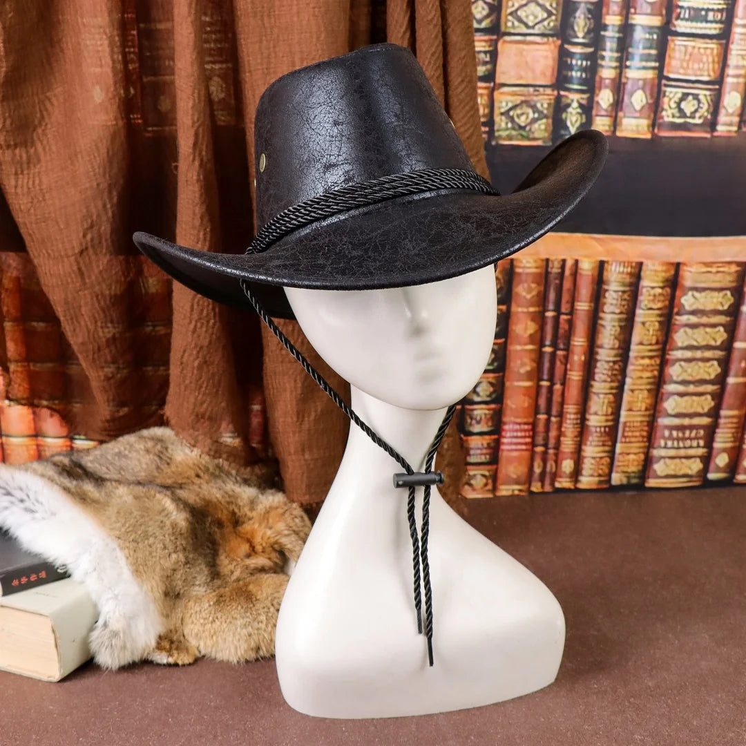 Vintage Faux Leather Big-edge Western Cowboy Hats Panama Gentleman
