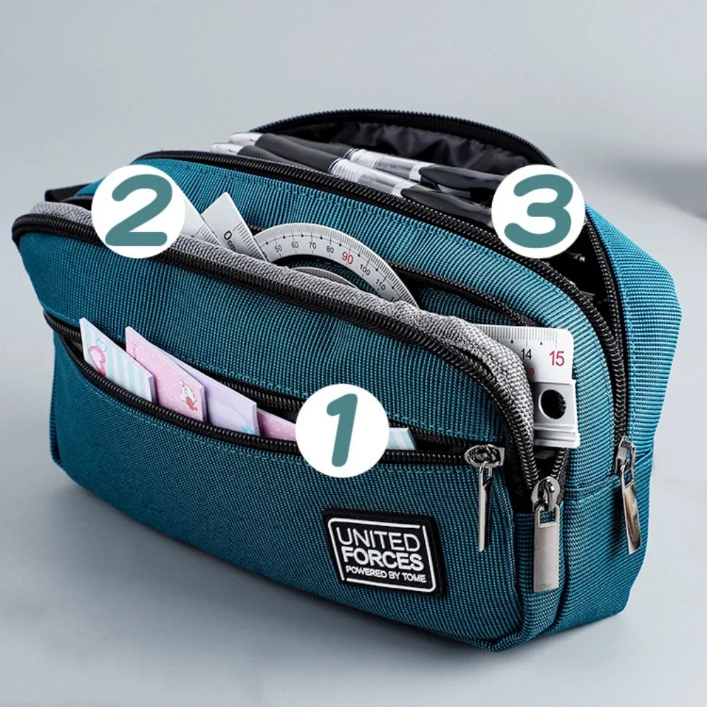 Portable Three-layer Large Capacity Pencil Bag Boy Canvas Pen Case School Office Supplies Storage Bag Waterproof Stationery Bag Peaceful Pleasures Health and Wellness