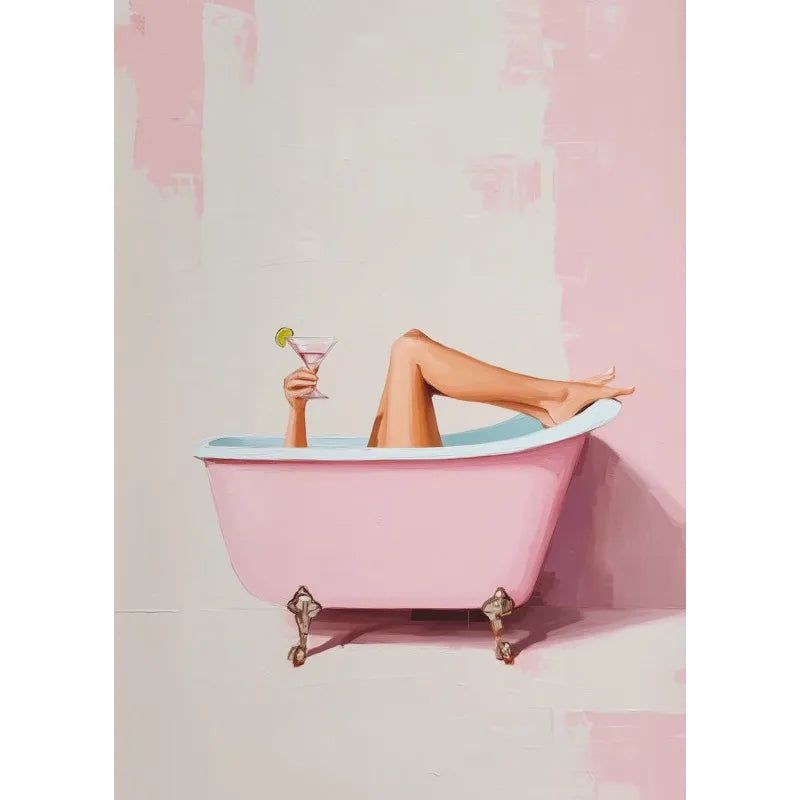 Retro Martini Girl Bathtub Canvas Wall Art | Glam Bathroom Decor