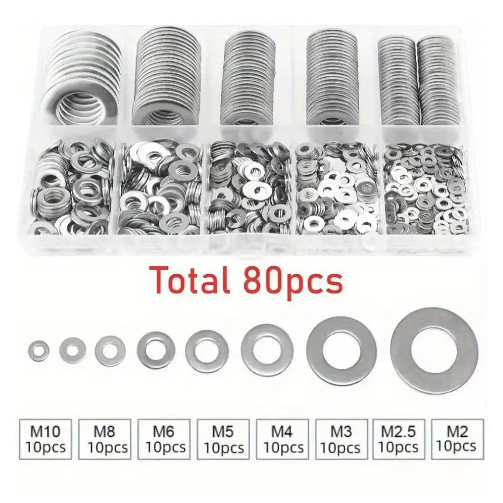 80-580Pcs Stainless Steel Flat Washers Set Seal Screw Gasket Rings Assortment Kit M2 M2.5 M3 M4 M5 M6 M8 M10 Spring Lock Washers Peaceful Pleasures Health and Wellness 80pcs