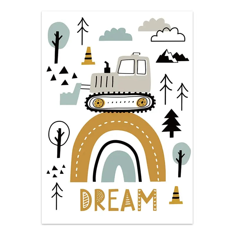Cartoon Construction Vehicles Canvas Wall Art | Boys Nursery