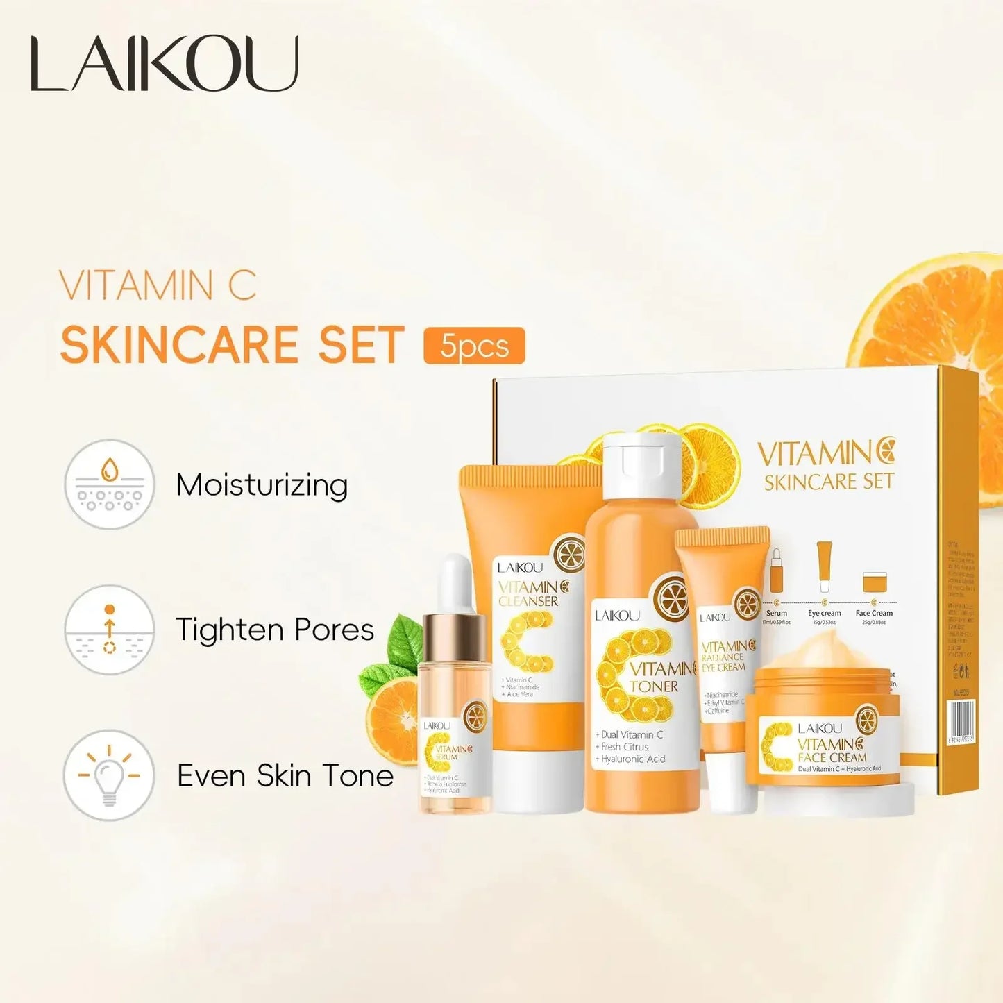 LAIKOU Vitamin C 5-Piece Skincare Set – Serum, Cream & Toner
