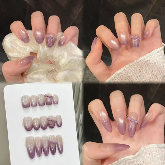 10pcs Handmade Purples French Press on Nails Sweet Korean Bow Fake Nails Full Cover Wearable Glitter Cat Eye False Nail Tips Peaceful Pleasures Health and Wellness