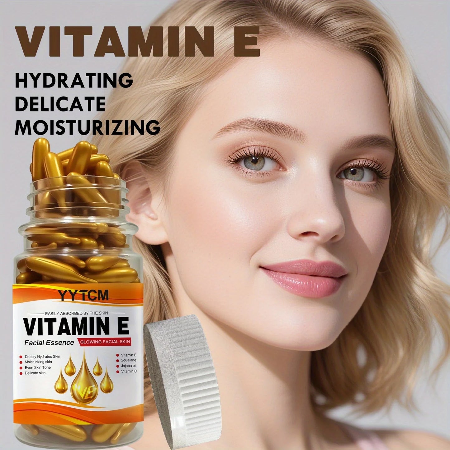 Vitamin E Deep Moisturizing Capsule Essence, Hydrates and Smooths Skin, Contains Plant-Based Squalane, Vitamin C, Deep Moisturizing and Brightening Skin Essence (0.4Gx90 Capsules)/Bottle-1 Bottle Peaceful Pleasures Health and Wellness