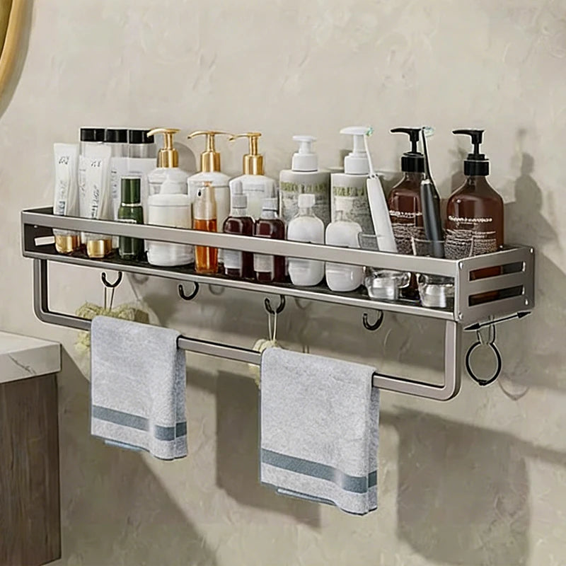 Aluminum Shower Corner Shelf with Towel Bar | No Drilling