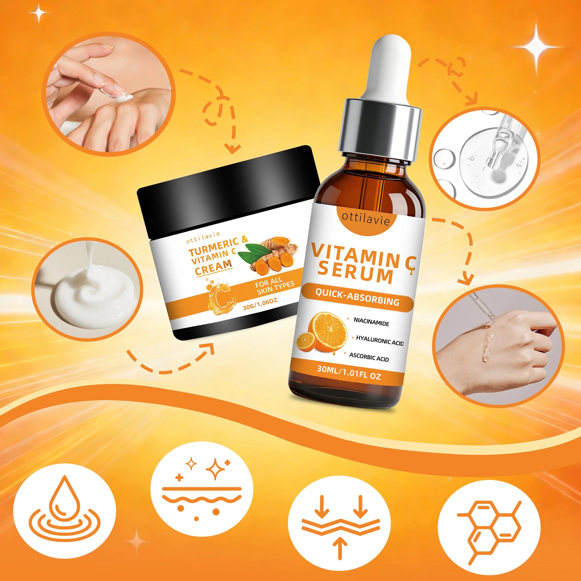 Ottilavie Turmeric & VC Cream+Serum Skincare Duo Set, ace/Neck/Body,Unisex,All Skin Types, Lightweight Daily,Non-greasy Peaceful Pleasures Health and Wellness