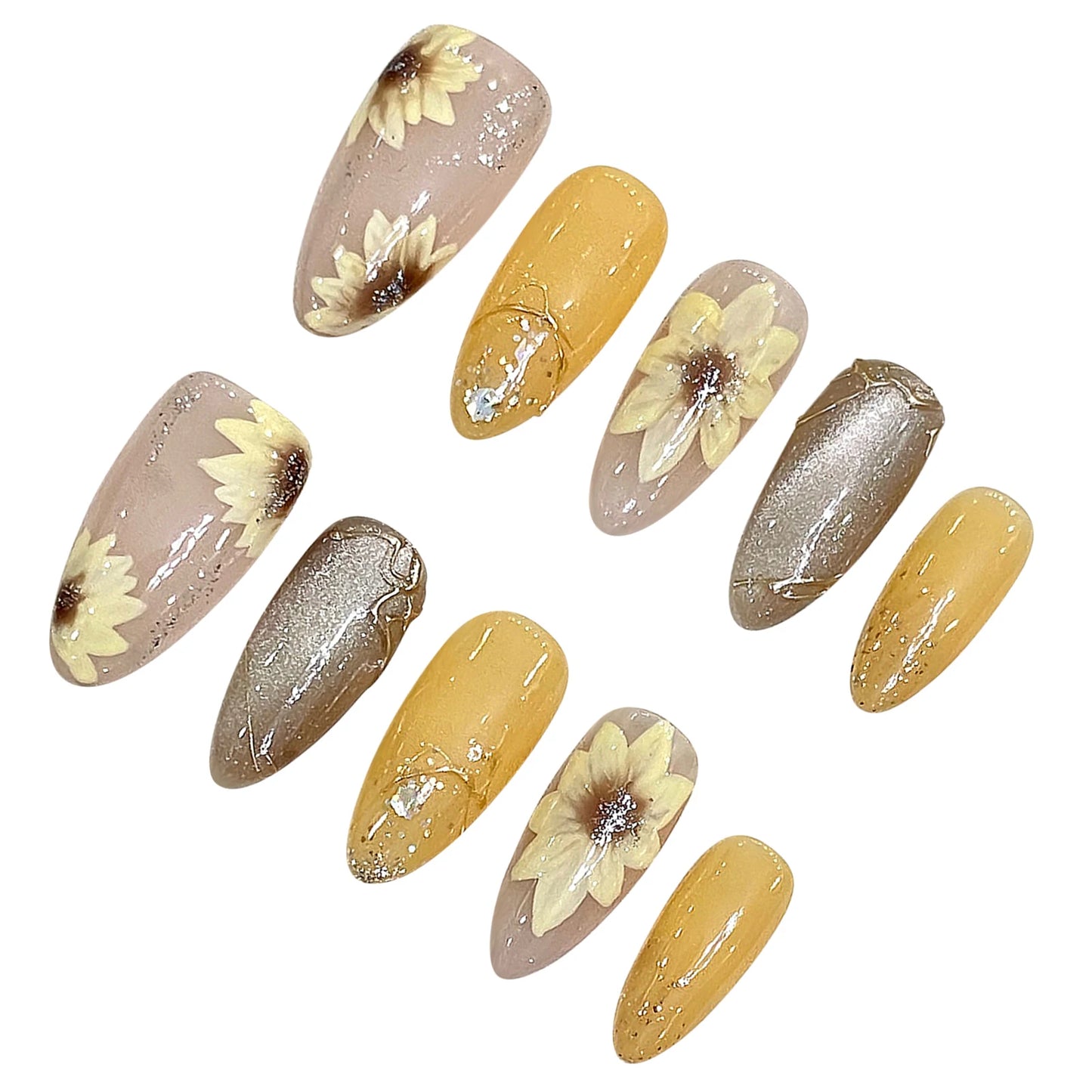 Handmade Press on Nails Shiny Cat Eyes Almond Fake Nails with Sunflower Hand-printed Glossy yellow False Nail Wearable Design Peaceful Pleasures Health and Wellness XS