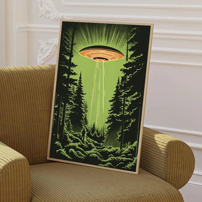 UFO Flying Saucer Alien Drink Coffee Art Print Poster Cow Abduction Canvas Printing Print Retro Sci Fi Wall Art Funny Home Decor Peaceful Pleasures Health and Wellness