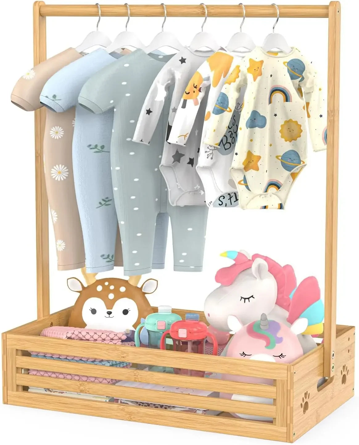 Adjustable Baby & Pet Clothes Rack with Storage Box, Bamboo Nursery Organizer for Toddler Room Peaceful Pleasures Health and Wellness United States