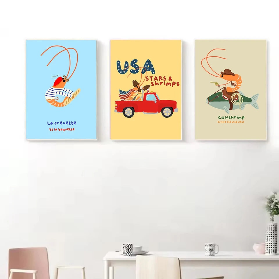 Abstract Kitchen Food Funny Cowboy Shrimp Picnic Cartoon Illustration Poster Canvas Painting Wall Art Pictures Home Decor Peaceful Pleasures Health and Wellness
