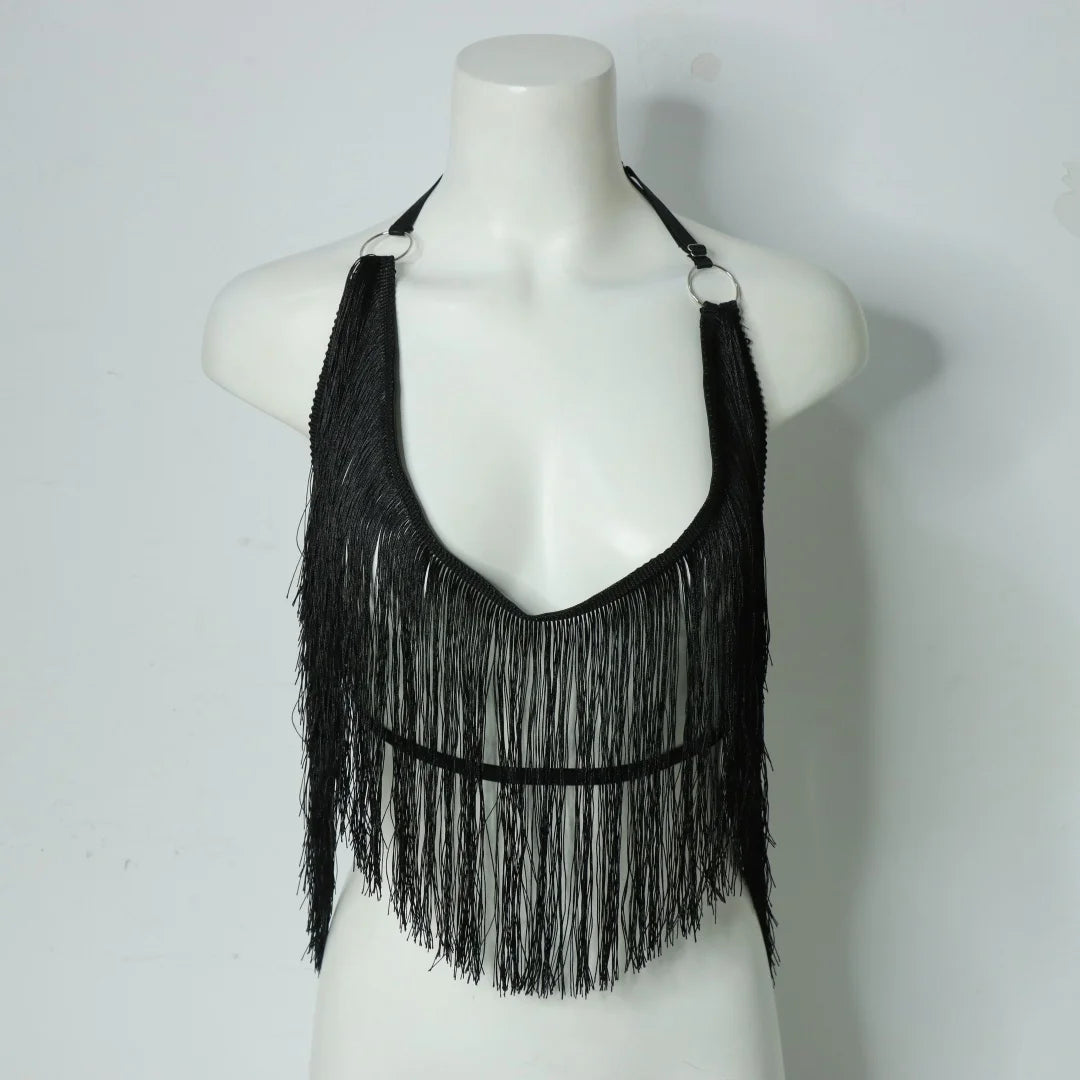 UYEE Women's Black Halter Adjustable Elastic Harness Tassel Detail