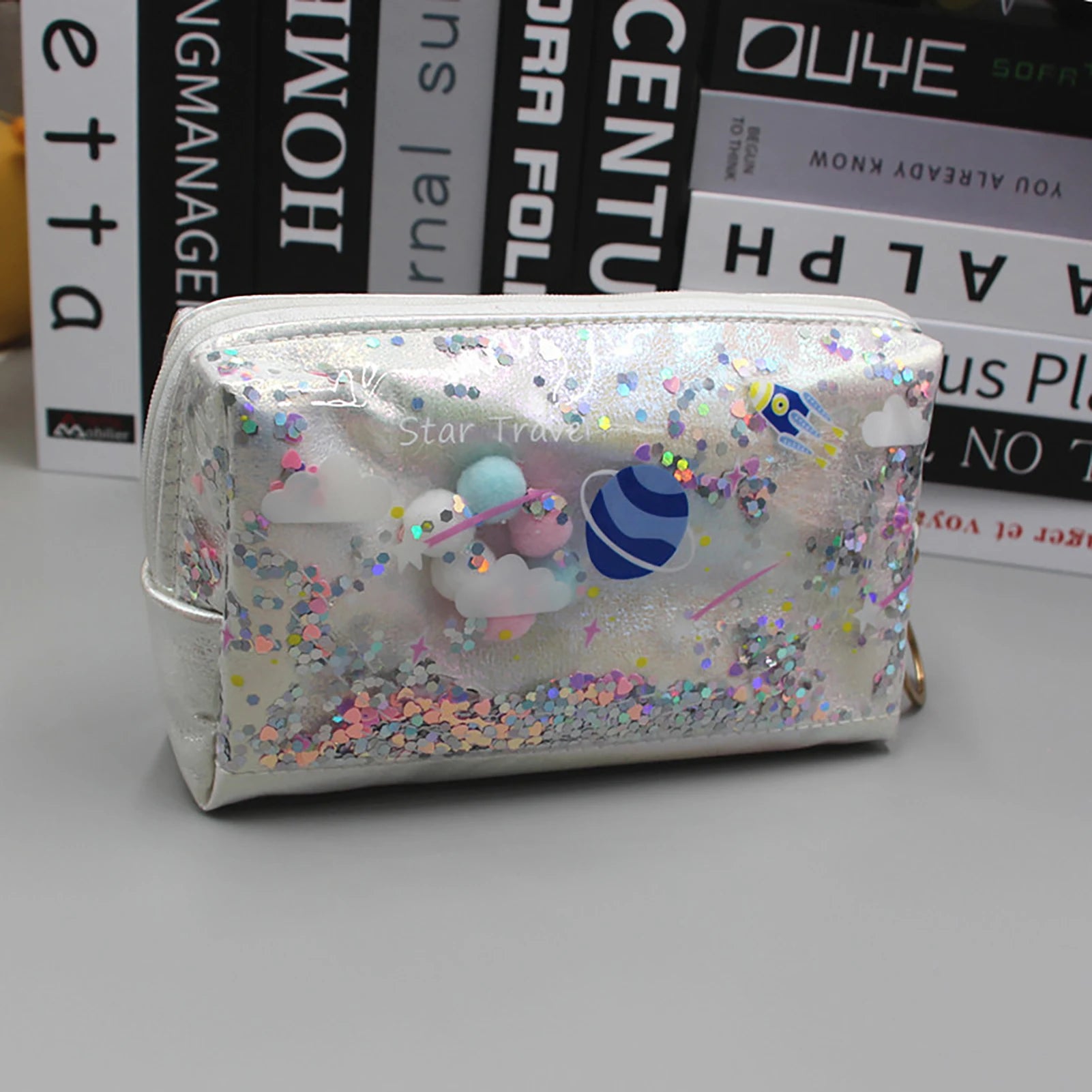 Large Capacity Planet Glitter Cosmetic Bag Cute Starry Makeup Pouch For Girls Student Pencil Case Travel Toiletry Bag Peaceful Pleasures Health and Wellness