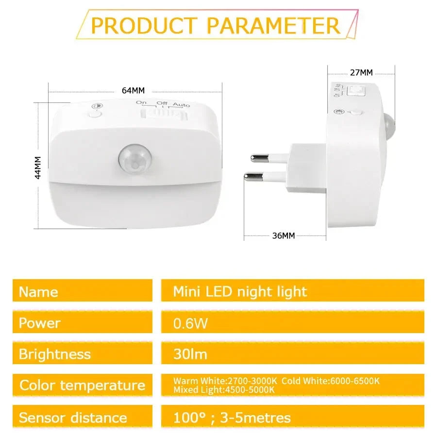 Motion Sensor LED Under Cabinet Light US/EU Plug LED Night Lamp for Kitchen Bedroom Hallway Stairs Cupboard Closet 3 Colors Peaceful Pleasures Health and Wellness