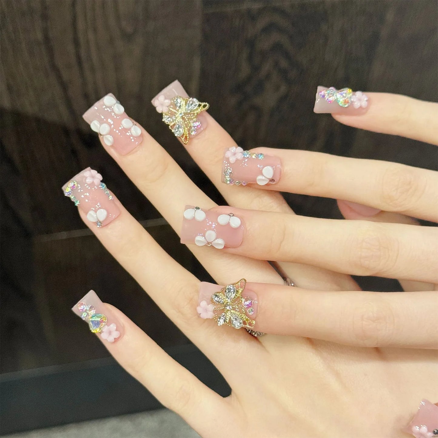 Handmade Press-On Nails Short Duck Tip Pink Floral Rhinestone 3D Press-On Nails Peaceful Pleasures Health and Wellness XS
