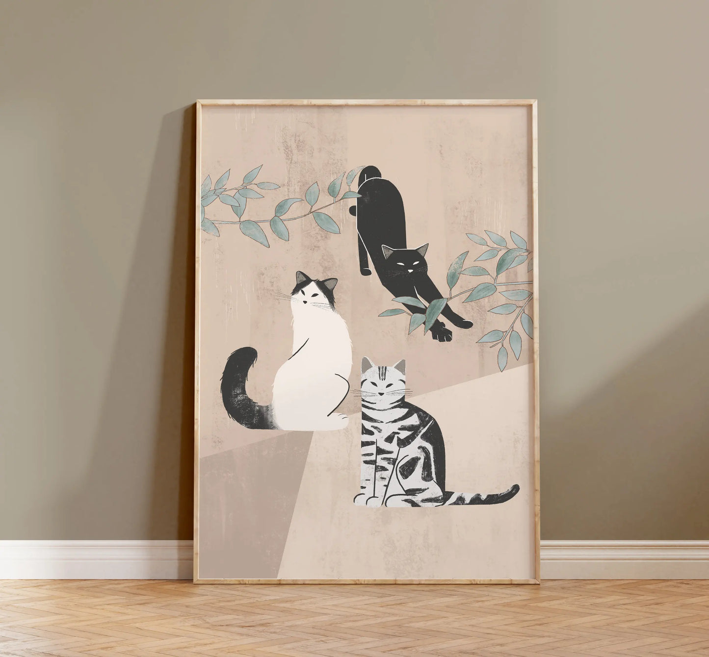 Watercolor Kittens Print Cat and Plant Poster Wall Art Leisurely Cute Kitty Canvas Painting Living Room Bedroom Home Decor Peaceful Pleasures Health and Wellness