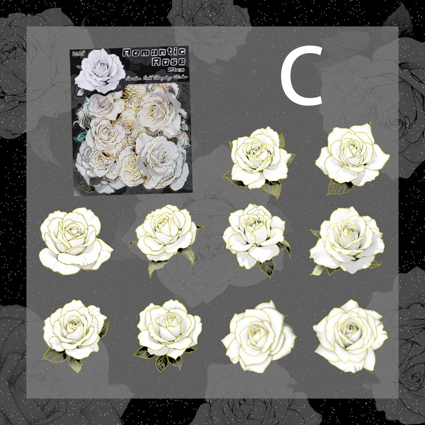 Black and White Flower Stickers with Gold Holographic Outlines, Glitter Shiny Waterproof Decals for Scrapbooking, Journal Peaceful Pleasures Health and Wellness C 3set