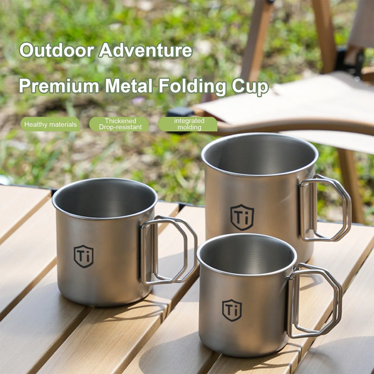 Titanium Alloy Mountainhiker Camping Cups with Foldable Handle Camping Coffee Mug Ultralight for Touring Trips Outdoor Hiking Peaceful Pleasures Health and Wellness