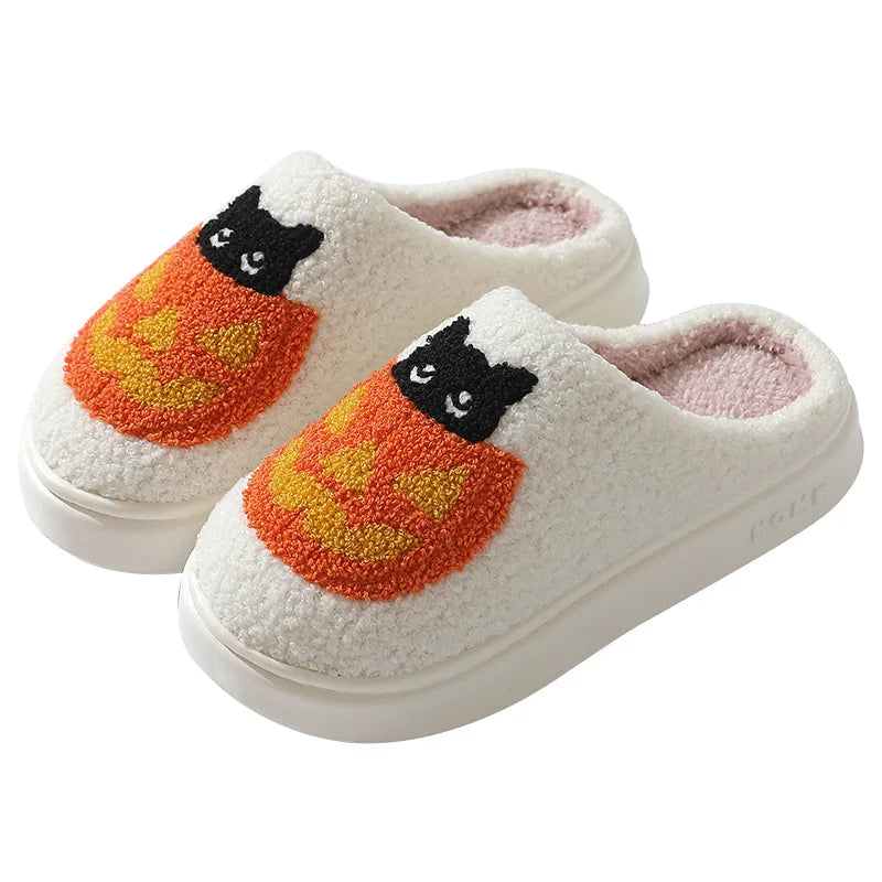Halloween Pumpkin Cat Plush Slippers – Cozy Indoor House Shoes