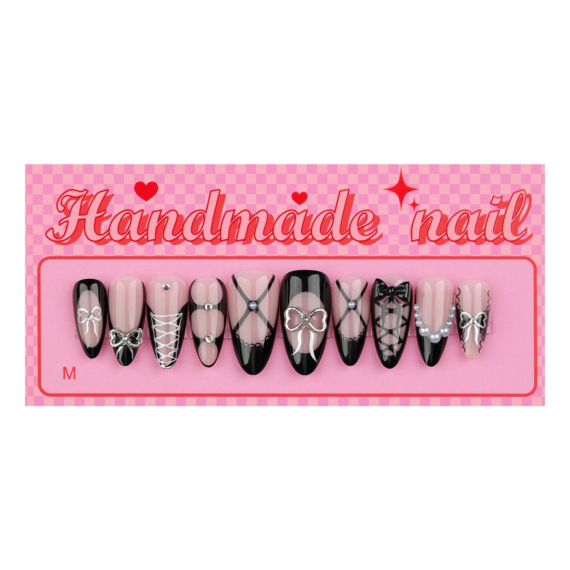 Handmade Press on Nails French 3D Black Bow False Nails Full Cover Wearable Spice Girls Sweet Cool Almond Shape Fake Nail Tips Peaceful Pleasures Health and Wellness M