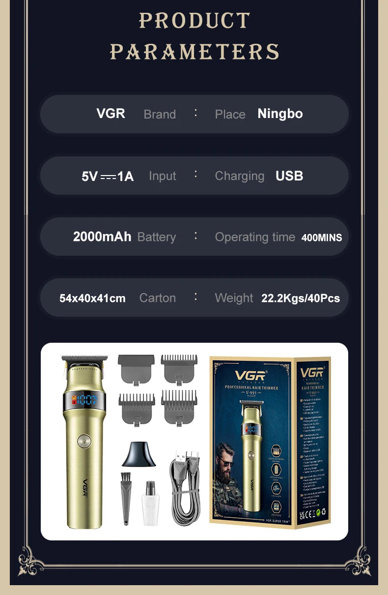 VGR 991 Hair Trimmer Professional Hair Clipper LED Rechargeable Clipper Barber Travel Lock Clipper Electric Trimmer for Men Peaceful Pleasures Health and Wellness