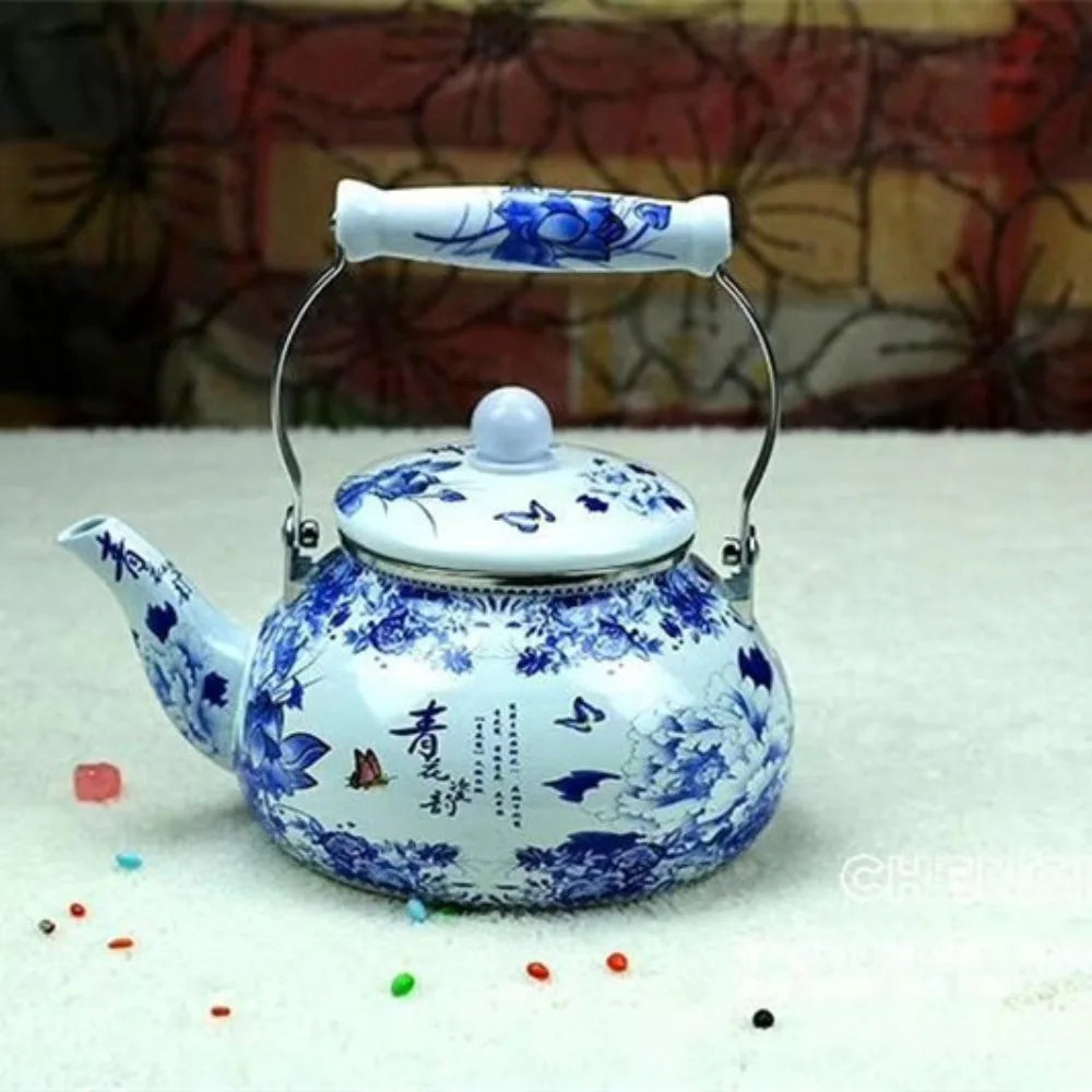 Chinese Style Enamel Teapot Floral Enameled 2.5L Gas Water Kettle Antiscald Handle Pear-shaped Coffee Pot Gas Induction Cooker Peaceful Pleasures Health and Wellness D