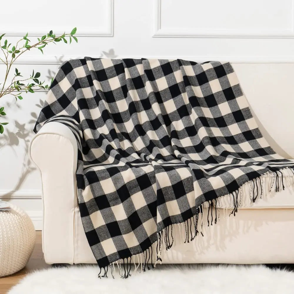 Battilo Plaid Throw Blanket for Bed Couch Beige Lightweight Sofa Blanket Cashmere Blanket with Tassels Knit Throw for All Season Peaceful Pleasures Health and Wellness Black 127x152cm