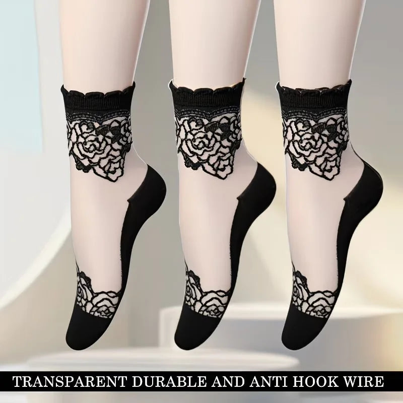 3 Pairs Women Sheer Lace Ankle Socks Thin Transparent Floral Mesh Short Socks Breathable Non-Slip Summer Dress Socks for Flats Peaceful Pleasures Health and Wellness Black White 3 Pairs One Size