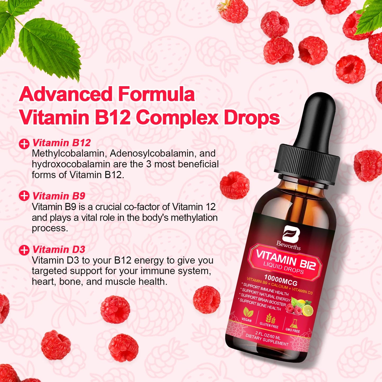 Vitamin B12 Liquid Drops 10000mcg – Energy, Immune, Heart & Digestion Support | Raspberry | 60ml Peaceful Pleasures Health and Wellness