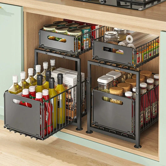 2-Tier Pull-Out Under Sink Organizer | No-Drill Cabinet Storage Cabinet Drawer Organizer Peaceful Pleasures Health and Wellness