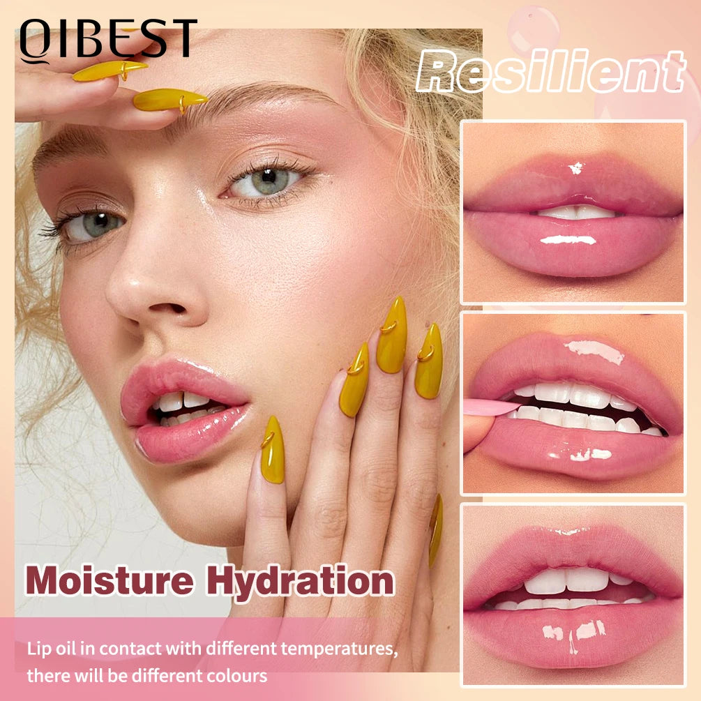 QIBEST Glitter Plumping Lipgloss Jelly Moisturizer Fruit Color Changing Lip Oil Transparent Fullness Lip Tint Gel Makeup LipCare Peaceful Pleasures Health and Wellness