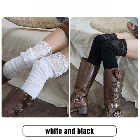 Socks Woman Autumn/Winter Solid Color Thigh High Lace Cute Lolita Thick Warm Stockings Black White Long Leg Socks for Women Peaceful Pleasures Health and Wellness One Size white and black