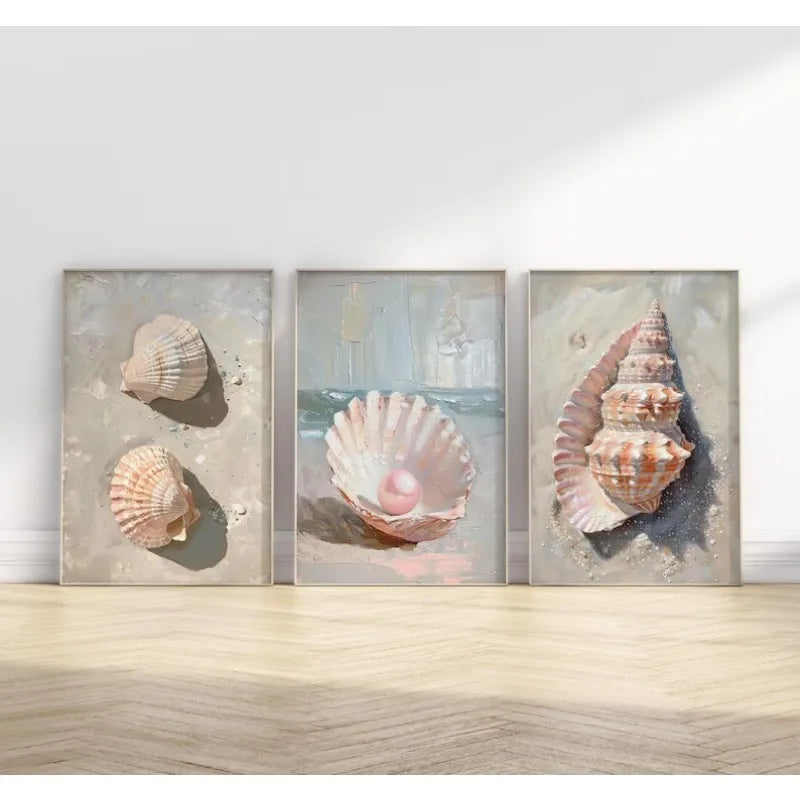 Pink Seashell Starfish Beach Canvas Wall Art | Coastal Decor