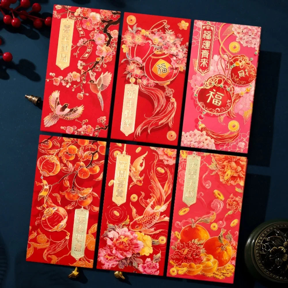 6pcs Hot Stamping Chinese New Year Red Envelope Rectangular Mixed Pattern Red Packet Thickened Solid Lucky Money Bag Peaceful Pleasures Health and Wellness Style E