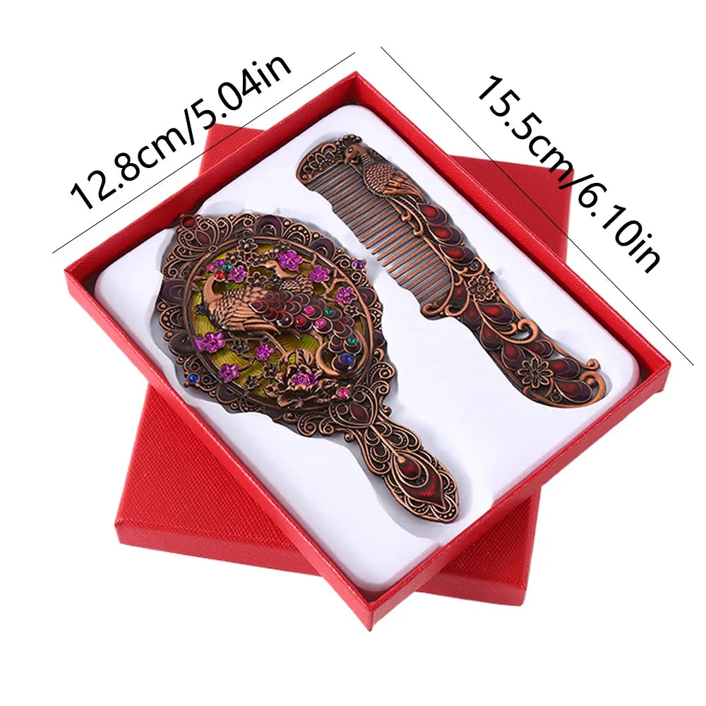 Peacock Embossed Metal Vanity Mirror & Comb Set – 2 Pcs