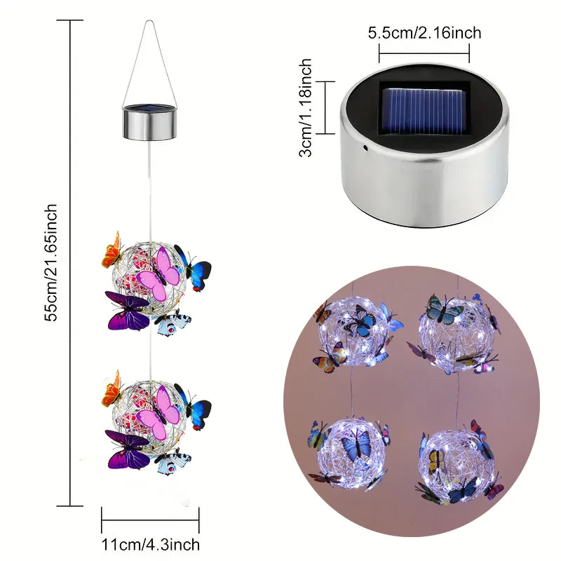2 Balls Colorful Butterfly Solar Globe Light 4.3in Hanging Outdoor Lantern with Vibrant Butterfly Floral Lamp Solar-Powered Peaceful Pleasures Health and Wellness