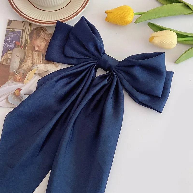 Korean Accessories Hair Clips Women Girls Big Bowknot Solid Satin