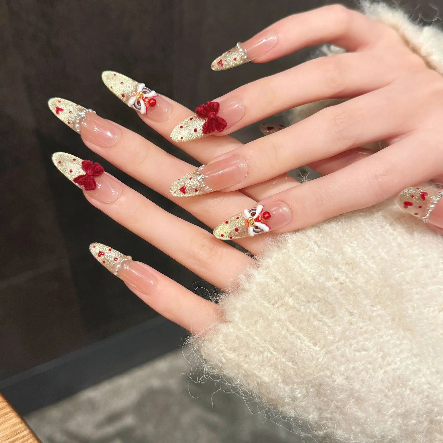 Handmade New Year Press on Nails Shiny Gold Powder Lucky Lion False Nails Wearable Full Cover French Cat Eye Fake Nail Tips Peaceful Pleasures Health and Wellness M 1