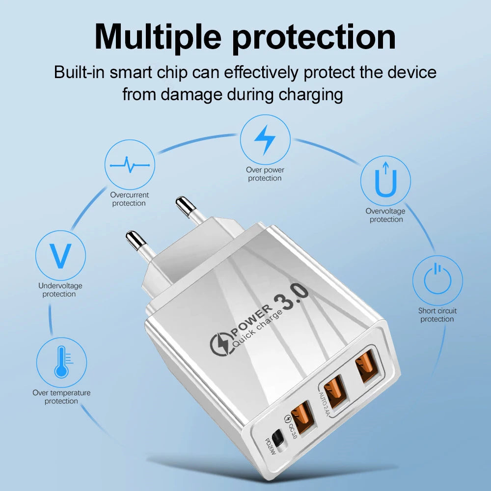 48W Multi-Port USB PD Fast Charger | Quick Charge 3.0 Adapter