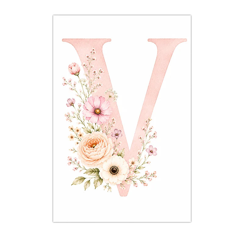 Custom Alphabet Wall Art Floral Rainbow Letter Canvas Painting Pink Poster Print Kids Room Wall Decor Peaceful Pleasures Health and Wellness V 21X30cm No Frame China Mainland
