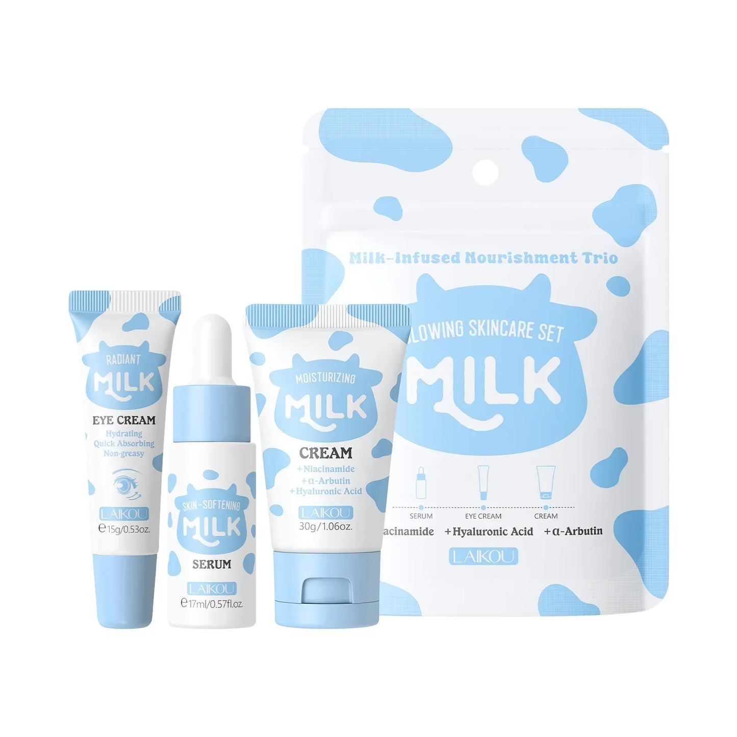 LAIKOU Milk Skincare Travel Set – Serum, Eye Cream & Face Cream 3pcs Peaceful Pleasures Health and Wellness Milk 3PCS Set