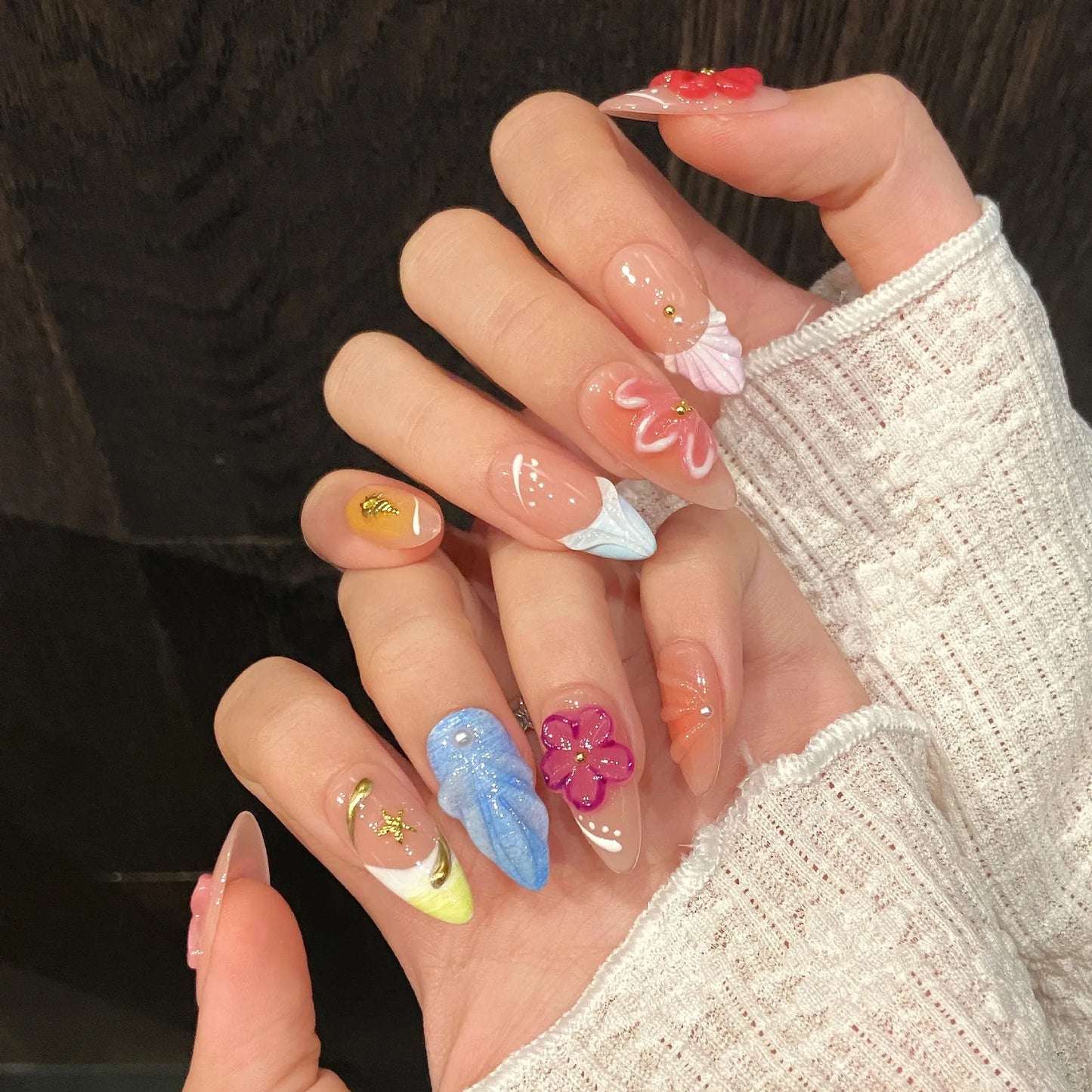 10pcs Handmade Almond Press on Nails Hand-carved Devil's Flower Design Fake Nail Tips Wearable Detachable Ins Sweet False Nails Peaceful Pleasures Health and Wellness