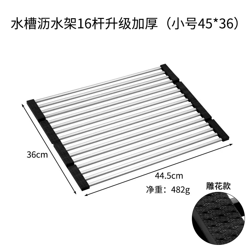 Folded Dish Drain Rack for Kitchen SUS304 Steel,Sink drying Rack,Bowl shelf Roll-up Dish Drying Rack Overthe Sink Plate Storage Peaceful Pleasures Health and Wellness 16 rods small