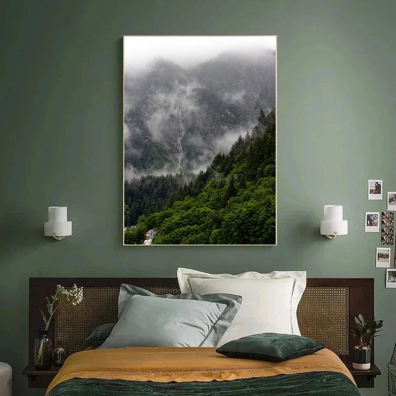 Dark Green Forest Foggy Mountain Canvas Wall Art | Nature Print
