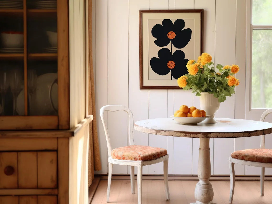 "Mid-Century Modern Minimalist Floral Art Print: Bold Black Double-Flower Design with Playful Orange Polka-Dot Centers, Perfect Peaceful Pleasures Health and Wellness TR122811 20x30cm Unframed